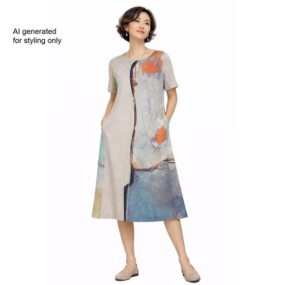 Dresses & Skirts - 3 Potato Art to Wear Lagenlook Abstract Midi Dress Casual Short Sleeve A-Line XS